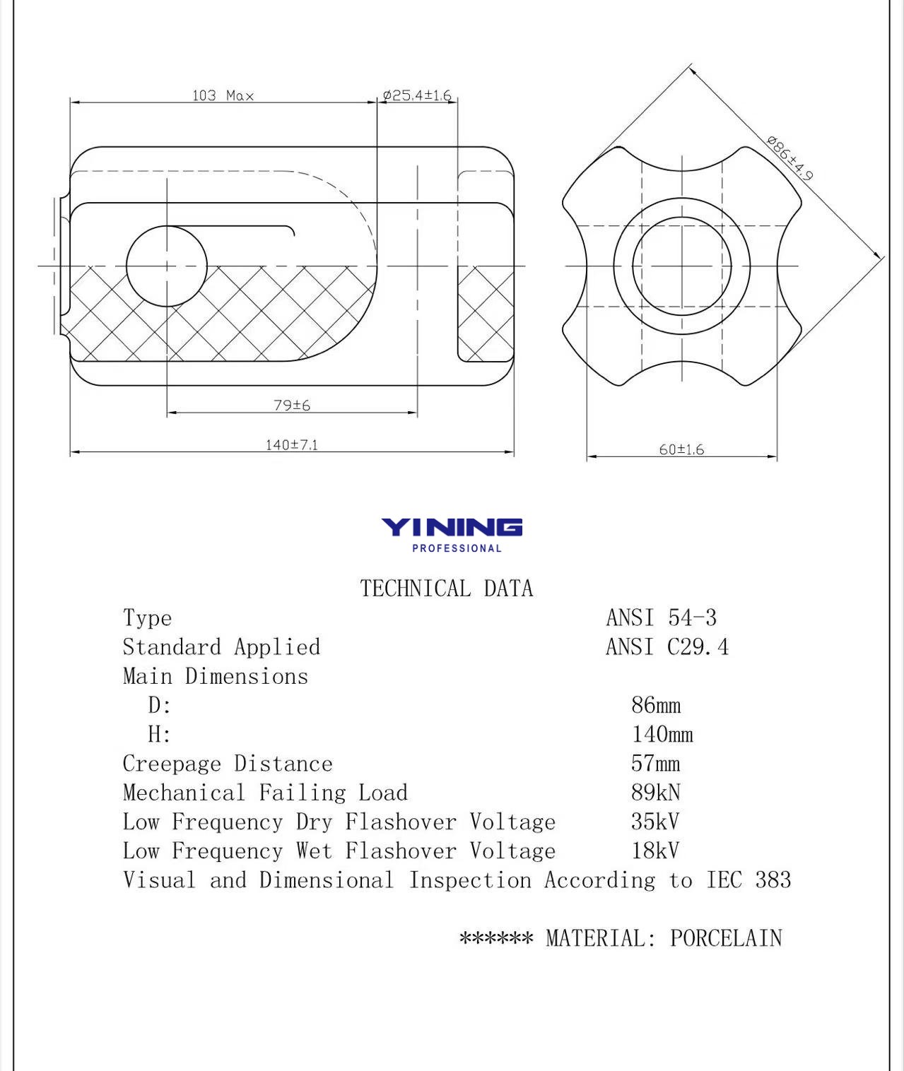 ANSI 54-3 Porcelain Strain Stay Insulator
